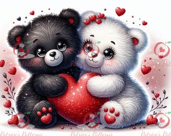 Valentijnsdag teddybeerpaar knuffelt hart – digitale kunst (PNG)