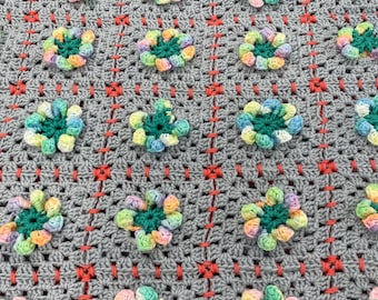 Handmade Flowered Granny Square Afghan
