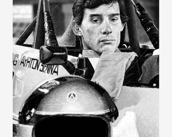 Digital teckning av Ayrton Senna i svartvitt – Digital nedladdning av Formel 1-konst / Utskrivbar konst