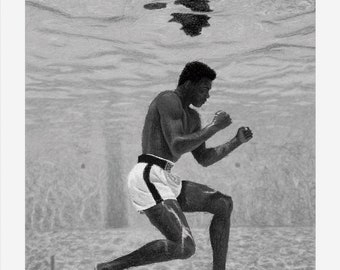 Digital teckning av Muhammad Ali i svartvitt – Digital nedladdning av boxnings- och sportkonst / Utskrivbar konst