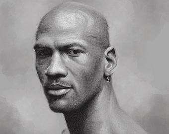 Digital teckning av Michael Jordan i svartvitt – Digital nedladdning av basketkonst / Utskrivbar konst