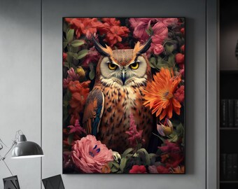 Owl with Roses, Wall Art, Instant Digital Download, AI Art, Majestic Owl