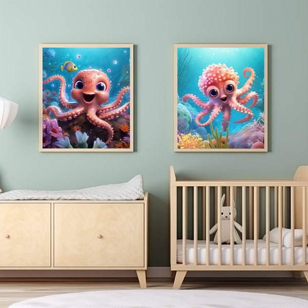 Cute Baby Animals, Cute Octopus Art, Digital Art Print Download, Baby Ocean Animals, Baby Octopus, Nursery Wall Art Prints