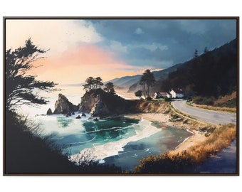Carmel-by-the-Sea Watercolor Canvas Art, Coastal Landscape with Floating Frame