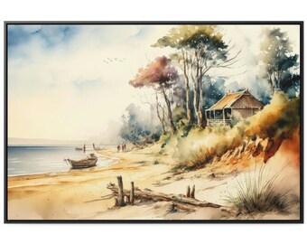 Summer Lake Home Watercolor Painting, Framed Canvas Wall Art