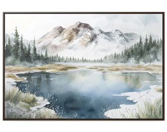 Sierra Mountain Lake Watercolor Painting, Framed Canvas Wall Art