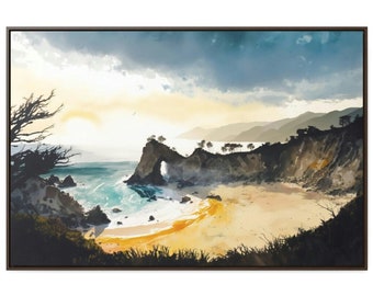 Keyhole Beach Watercolor Painting, Big Sur Seascape, Framed Canvas Art