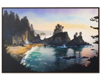 Julia Pfeiffer McWay Falls Canvas Print, Watercolor Landscape, Floating Frame