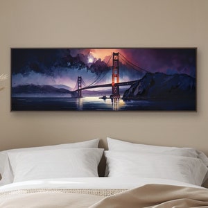 Arte de parede da ponte Golden Gate de São Francisco, pintura panorâmica em aquarela em tela, arte de parede da área da baía de tela, decoração de casa, presente de São Francisco