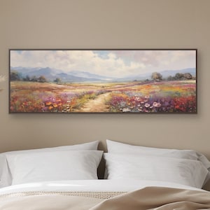 Vintage Wildflower Meadow Path Ultra Wide Panoramic Wildflower Field Landscape Oil Painting Framed Canvas Print, Wildflower Wall Art Decor