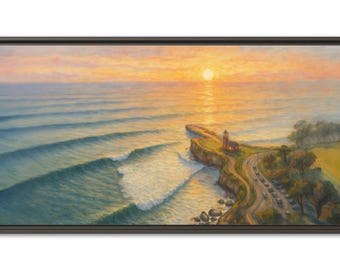 Steamer Lane Watercolor Print | Santa Cruz Sunset, Lighthouse, Ocean Coastal Art
