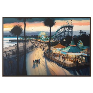 Santa Cruz Boardwalk Wall Art, Water Color Landscape Painting On Canvas, Canvas Wall Art With Floating Frames