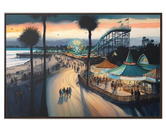 Santa Cruz Boardwalk Watercolor Painting, Framed Canvas Wall Art