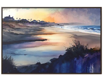 Sunset Ocean Watercolor Painting, Framed Beach Canvas Wall Art