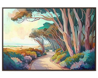Eucalyptus Beach Path Canvas Art, Watercolor Landscape Painting, Floating Frame