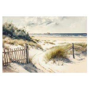 May include: Watercolor painting of a beach scene with a sandy path leading to the ocean. The artwork features a wooden fence, tall grass, and a cloudy sky. The color palette includes beige, blue, and green tones.