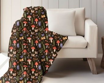 Mushroom Butterfly Plush Velveteen Blanket, Cottagecore Forest Decor