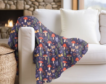 Purple Mushroom Butterfly Velveteen Blanket, Cottagecore Plush Throw