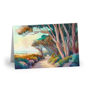 Cartões de felicitações, trilha da praia de Eucalyptus até o oceano, cores psicodélicas, cartões em branco, cartões de anotações, conjunto de papelaria, pacote de cartões, cartões para todas as ocasiões,
