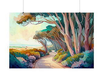 Eucalyptus Beach Watercolor Art Print, California Coastal Landscape
