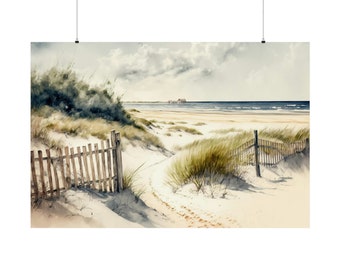 Cape Cod Beach Watercolor Painting, Coastal Landscape Matte Poster
