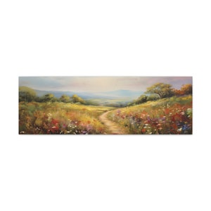 Wildflower Hiking Path Ultra Wide Panoramic Wildflower Field Landscape Oil Painting Canvas Print, Wildflower Wall Art Decor
