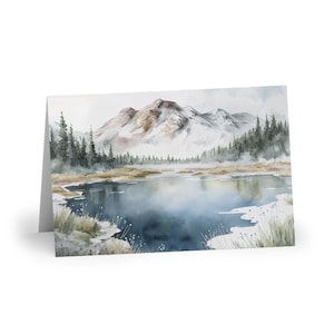 Cartão de felicitações do lago alpino | Cena de montanha coberta de neve, cartão de paisagem natural, presente de aventura ao ar livre na natureza, cartão de inverno cênico