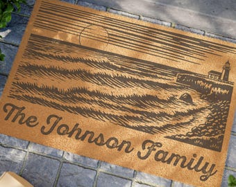 Santa Cruz Steamer Lane Coir Doormat, Coastal Beach House Decor