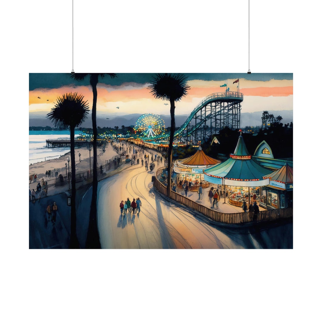 Santa Cruz Boardwalk Wall Art, California Coastal Water Color Landscape Painting Print on Matte
