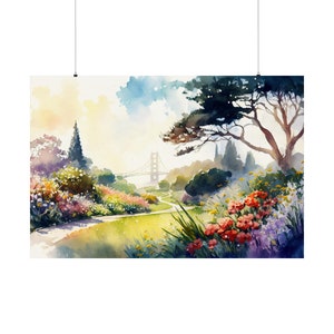 サンフランシスコ ゴールデン ゲート パーク ウォール アート、水彩風景海岸壁装飾画 マット 横長ポスター