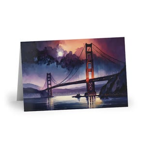 Wenskaart Golden Gate Bridge bij nacht, skyline van San Francisco, Sterrennacht-stadsgezicht, reisbriefpapier, stadslandschapskunst, blanco kaart