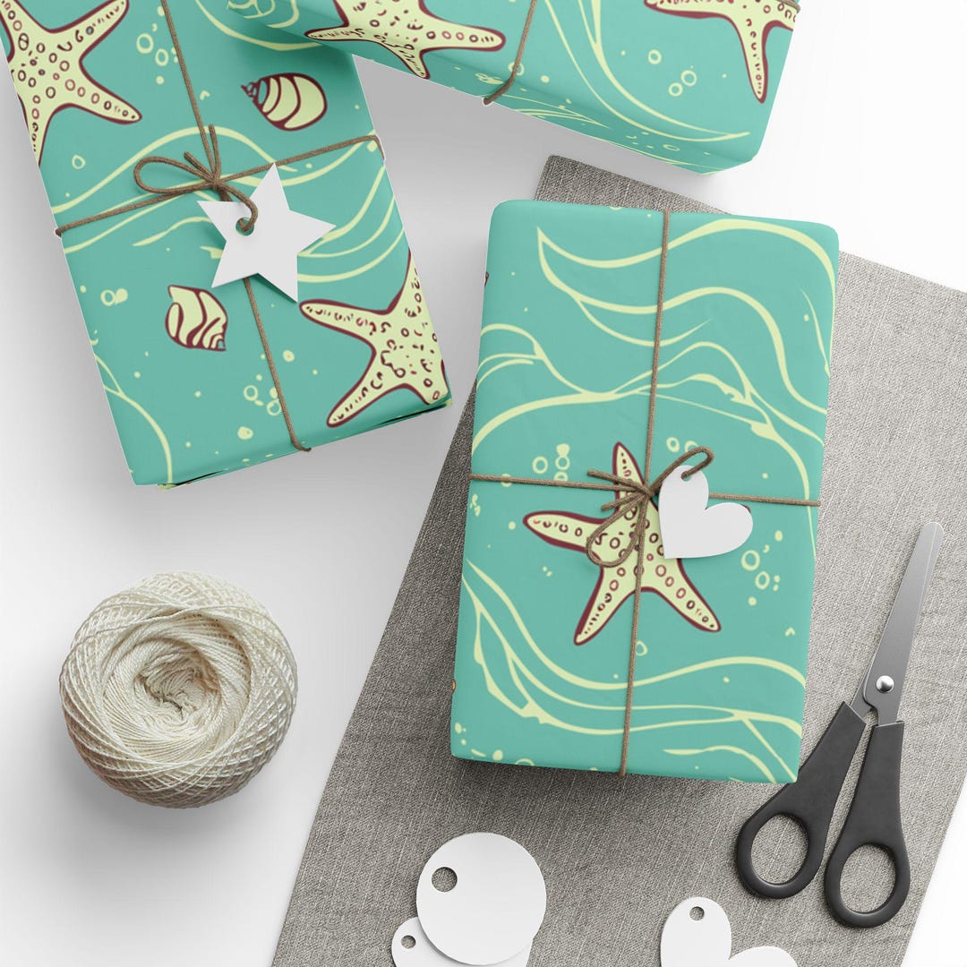 Ocean Wrapped Box Starfish and Shells Gift Wrap Roll, Ocean Theme Wrapping Paper - Etsy