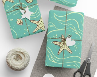 Starfish and Shells Gift Wrap Roll, Ocean Theme Wrapping Paper