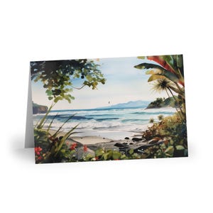 Carte de voeux de plage du Costa Rica, scène de jungle tropicale, art de voyage exotique, océan paradisiaque, papeterie nature, carte de palmier, carte vierge