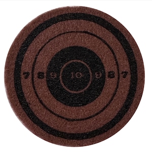 May include: A brown and black circular target with concentric circles and numbers 7, 8, 9, 10, 9, 8, 7.