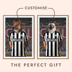 Équipe de football Newcastle United Magpies FC drôle animal de compagnie portrait personnalisé de la commission photo chien chat fan de football papa entraîneur cadeau art