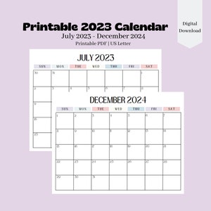 2023-2024 Calendar, Printable, Pastel 18 Month Simple Calendar, 11 x 8.5 inches, Horizontal Pages