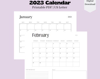 2023 Calendar, Printable, Minimal Simple Calendar, Monday Start, 11 x 8.5 inches, Horizontal Pages