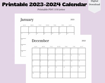 2023-2024 Calendar, Printable, Minimal Simple Calendar, 11 x 8.5 inches, Horizontal Pages, Sunday Start, 24 Month Calendar