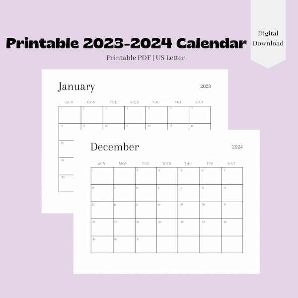 2023-2024 Calendar, Printable, Minimal Simple Calendar, 11 x 8.5 inches, Horizontal Pages, Sunday Start, 24 Month Calendar