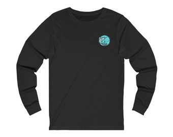 May include: Black long-sleeve t-shirt with a blue circle graphic of a fish being caught on a fishing line.