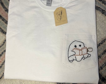 Hand Embroidered Cozy Coffee Ghost Shirt (short sleeves)