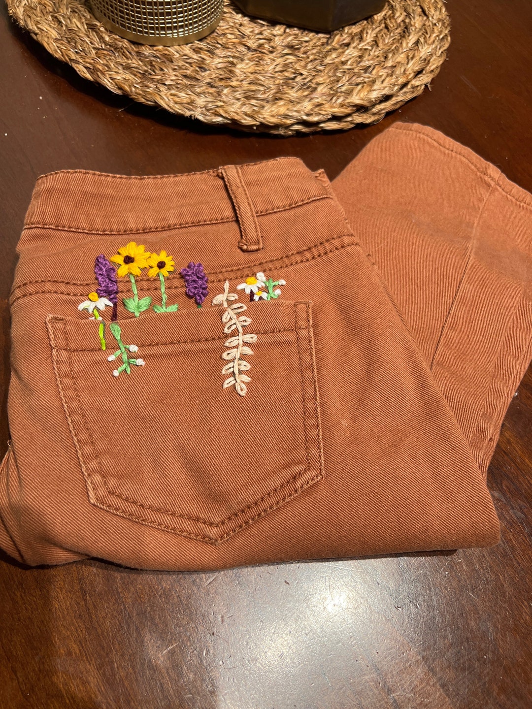 Floral Hand Embroidered Jeans Etsy