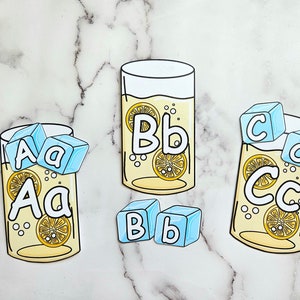 Coincidencia de alfabetos de limonada y cubitos de hielo - Letras mayúsculas y minúsculas - Aprendizaje temprano - Aprendizaje preescolar- Descarga digital