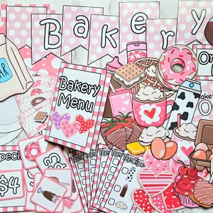 May include: A pink and white bakery play set with a variety of props, including a menu, a sign that says "Bakery is Open", and a variety of food items. The set also includes a sugar bag, a coffee pot, and a milk carton.