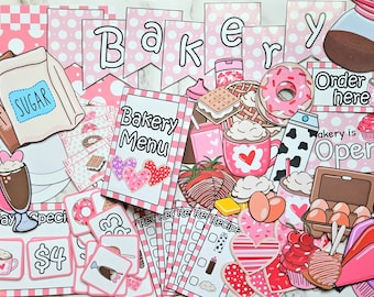 May include: A pink and white bakery play set with a variety of props, including a menu, a sign that says "Bakery is Open", and a variety of food items. The set also includes a sugar bag, a coffee pot, and a milk carton.