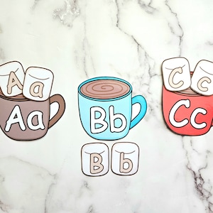 Alfabeto de chocolate caliente a juego con malvaviscos - Letras mayúsculas y minúsculas - Aprendizaje temprano - Aprendizaje preescolar- Descarga digital