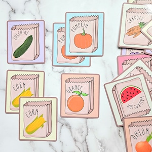Juego de combinación y memoria de frutas y verduras - Aprendizaje preescolar- Descarga digital