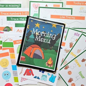 Pages de menu du matin en camping - apprentissage préscolaire d'été - téléchargement numérique