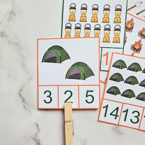 Cartes à clip sur le thème du camping - Été - Reconnaissance des nombres - Apprentissage précoce - Apprentissage préscolaire - Téléchargement numérique